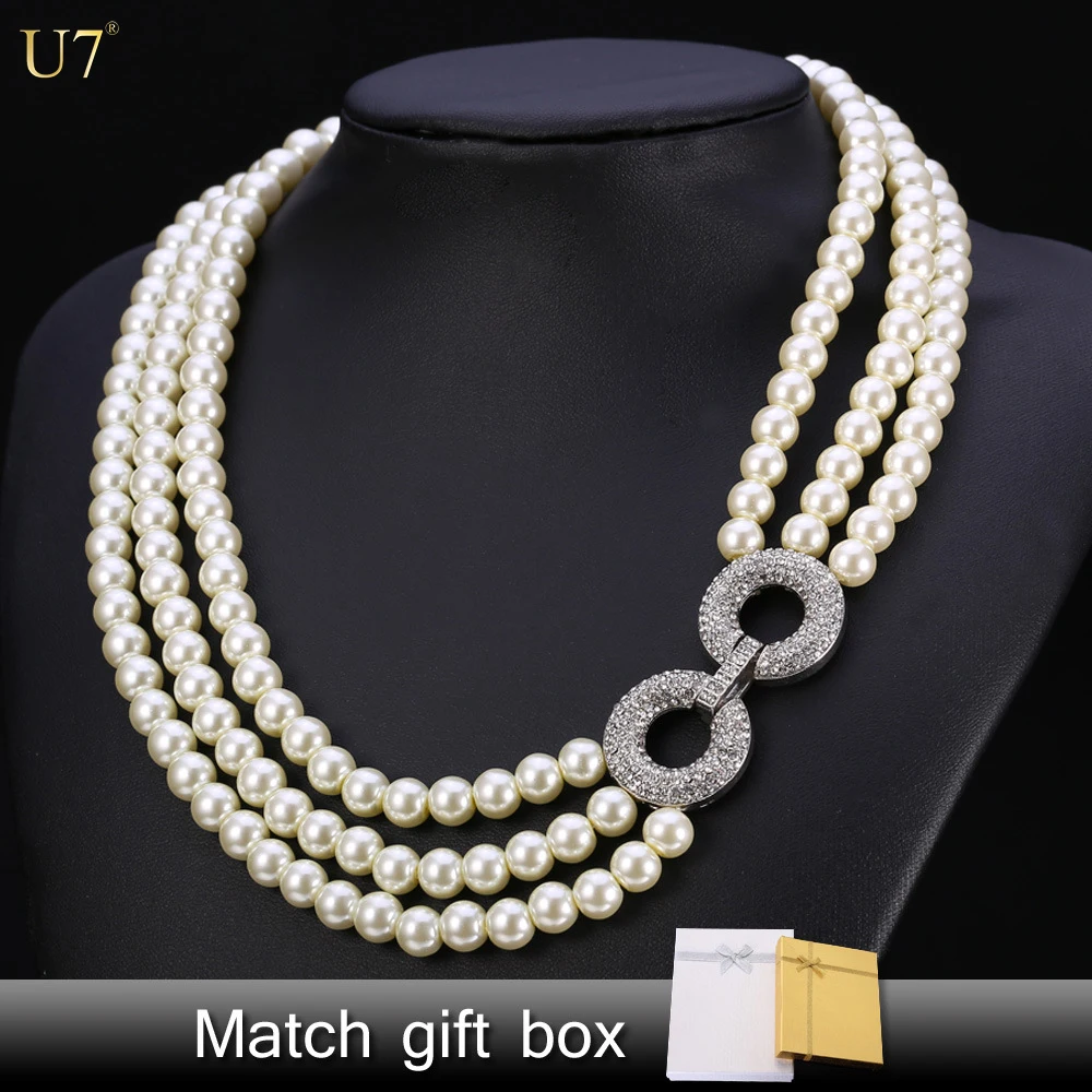 

U7 Three layer pearl necklace with bowknot women jewelry top quality white simulated pearl charm necklace with gift box