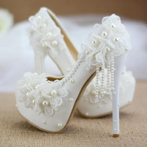 

ZH1424X Handmade Round toe shoes for women princess lace flowers super high heel white beading Plus Size bride wedding Shoes