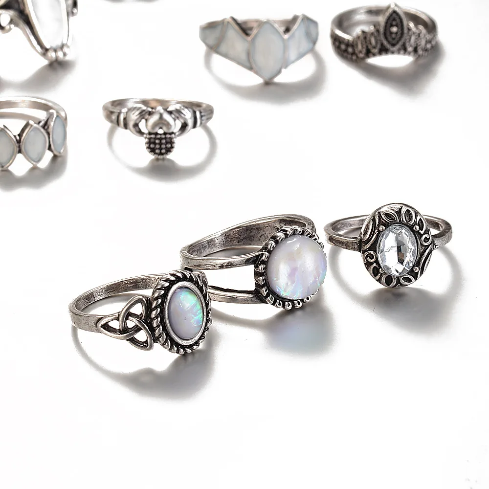 NEW 12 pcs //set Vintage Rings Women Natural Opal Stone Crown Flower Tortoise