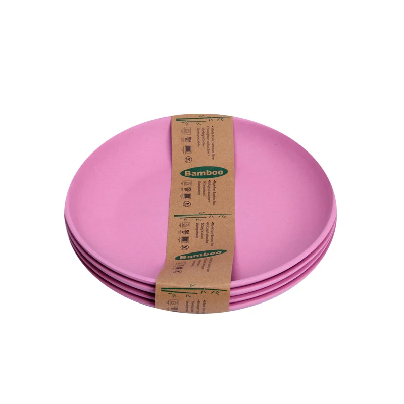 

4 pcs wholesale round hot natural bamboo dinner plate pink food serving tray