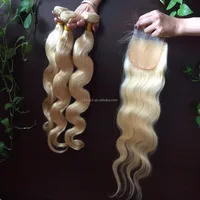 

Wholesale top Quality Stock Body Wave Russian Virgin Hair blonde hair bundles with lace closure , natural 613 hair lace closure