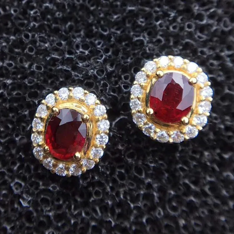 

red gem jewelry wholesale fashion 18k yellow gold South Africa real diamond 0.8ct natural red ruby stud earring for lady