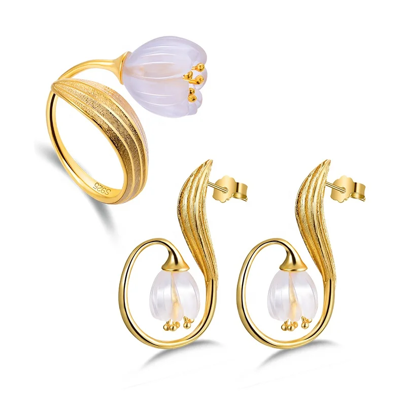 

Lotus Fun 18K Gold Plated 925 Sterling silver Jewelry Sets Natural Crystal Stone Lily Flower Design For Women