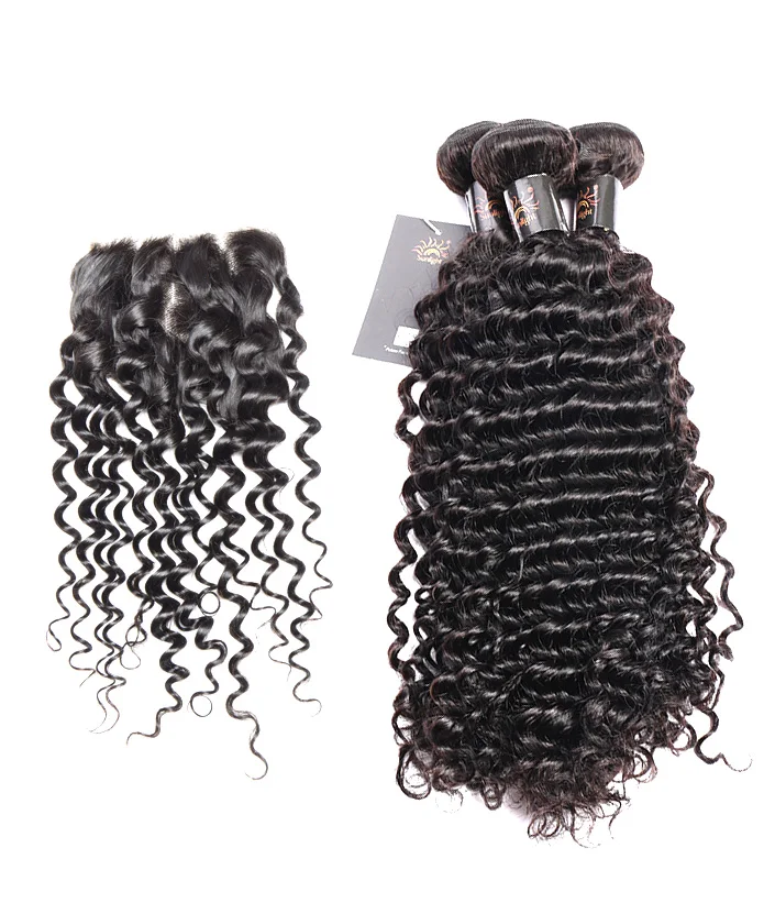 

Sunlight Malaysian Remy Hair Deep Curly 3 Bundles With Closure, Natural color