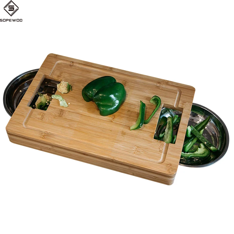 

Wholesale kitchen bamboo vegetable Cutting Board with 2 Stainless Steel Bowls