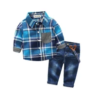 

2019 New Boys Clothes Plaid Blue Shirt Jeans Stylish Style Clothes Baby Boy Suits Overalls Set Boy's pantsuit