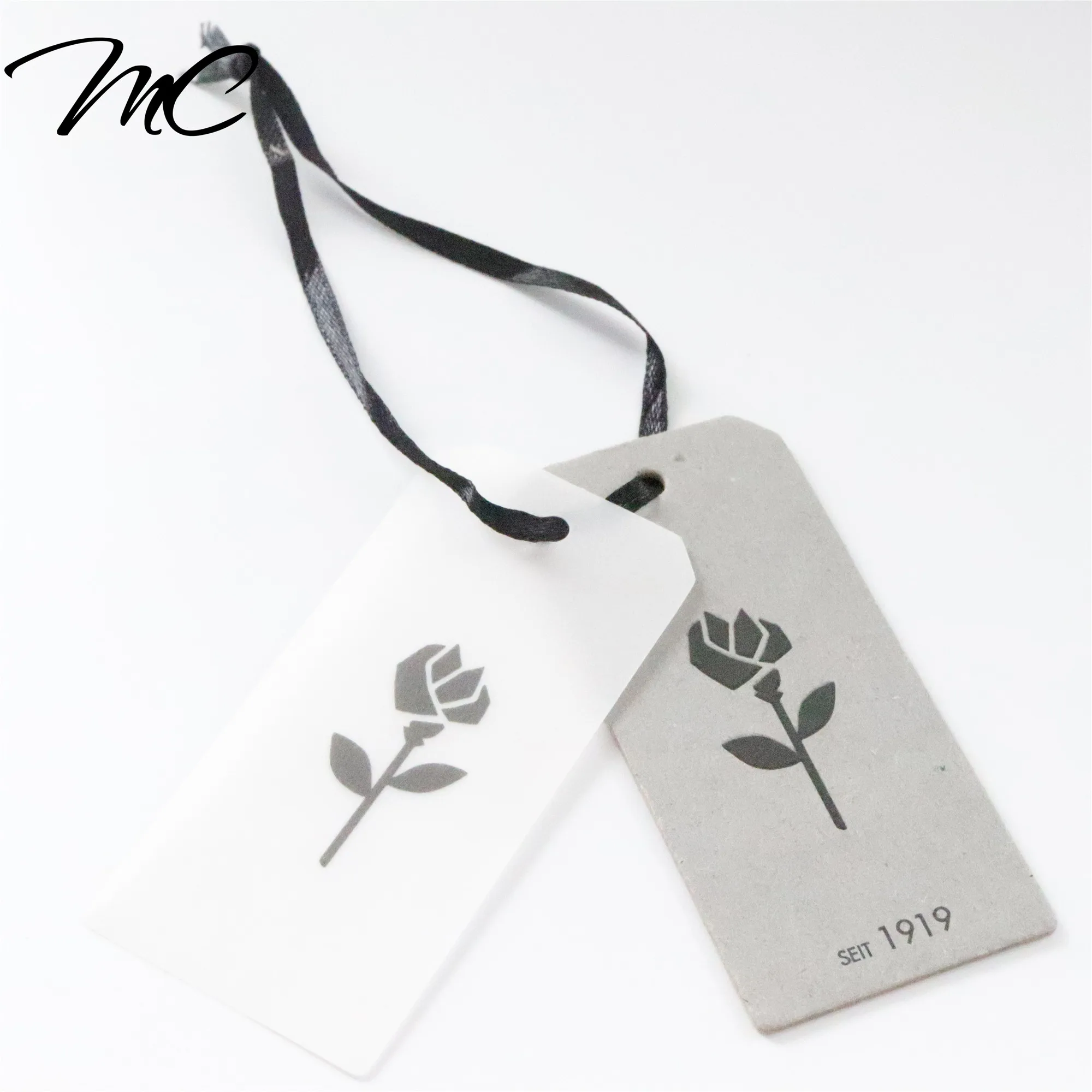 

Custom grey thick cardboard printed logo clothing plastic pvc hang tag with ribbon string