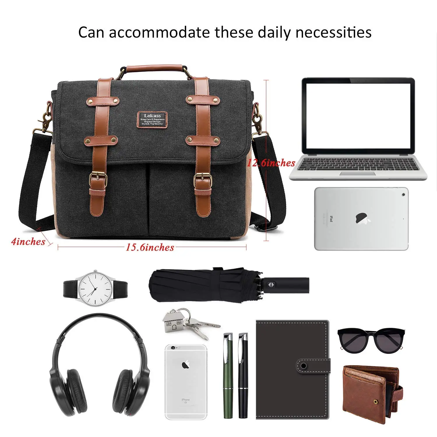 Lokass 15.6 Inch Laptop Shoulder Bag Canvas Genuine Leather Business