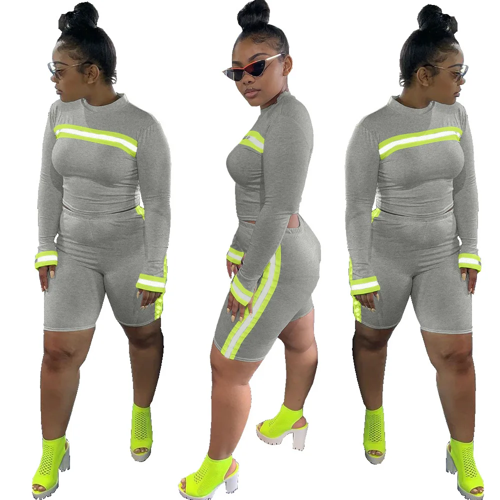 New Arrivals Autumn Women O-Neck Long Sleeve Crop Short Pants 2 Pieces Set Reflective Flash Striped Patchwork Outfits Tracksuit