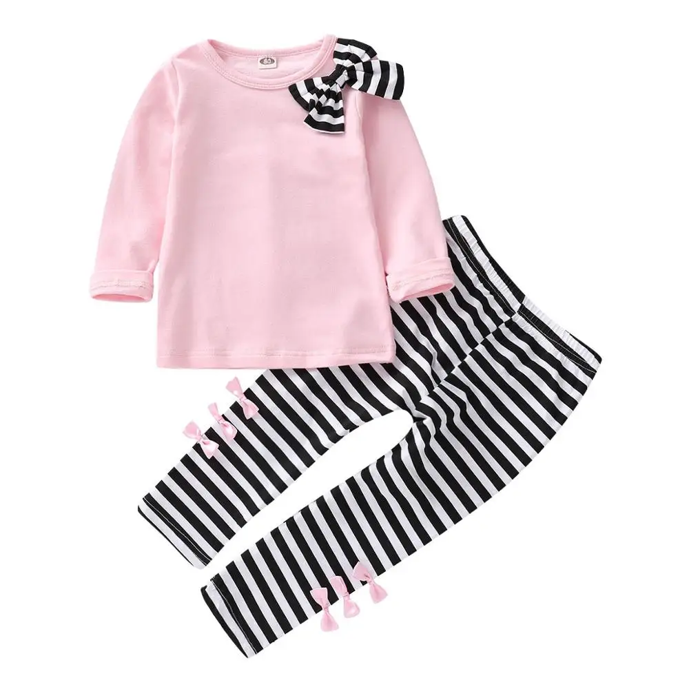 

2pcs Autumn Girls Clothes Long Sleeve Pink Kids Bowtie Sweatshirt Top + Striped Pants Baby Clothing Sets for 3-7 Years Girls, As pictures