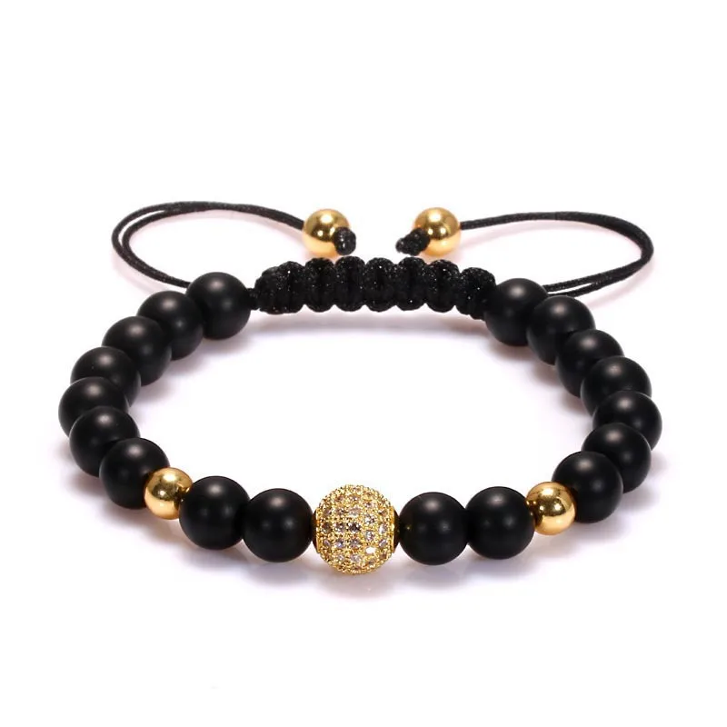 

Luxury Men 24K Gold Plated CZ Ball Braiding Macrame Matte Onyx Beads Bracelets, Picture