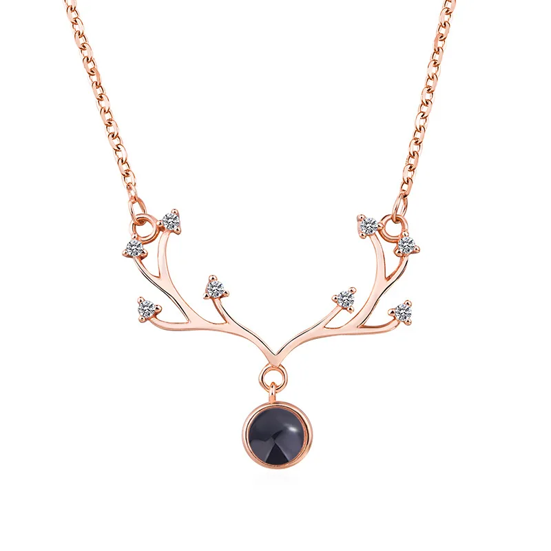 

2020 Fashion High Quality Antler Zircon Stone 925 Silver Sterling 100 Different Language I LOVE YOU Pendant Necklace For Women, Rose gold plated and silver