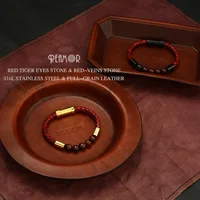 

REAMOR Stainless Steel Leather Bracelet Jewelry Red Braided Leather Cord Natural Stone Tiger Eye Bracelet Men Women Bracelets