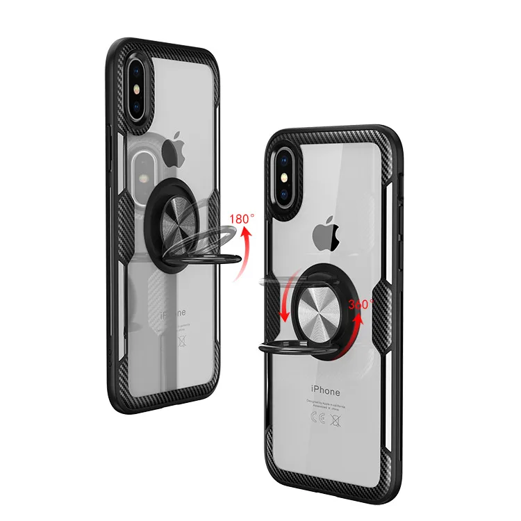 

2019 Clear Acrylic Phone Cover For Iphone Xs/Xs Max/Xr/X Carbon Fiber Bumper Case With Magnetic Adsorption Ring Kickstand, Multiple color as picture