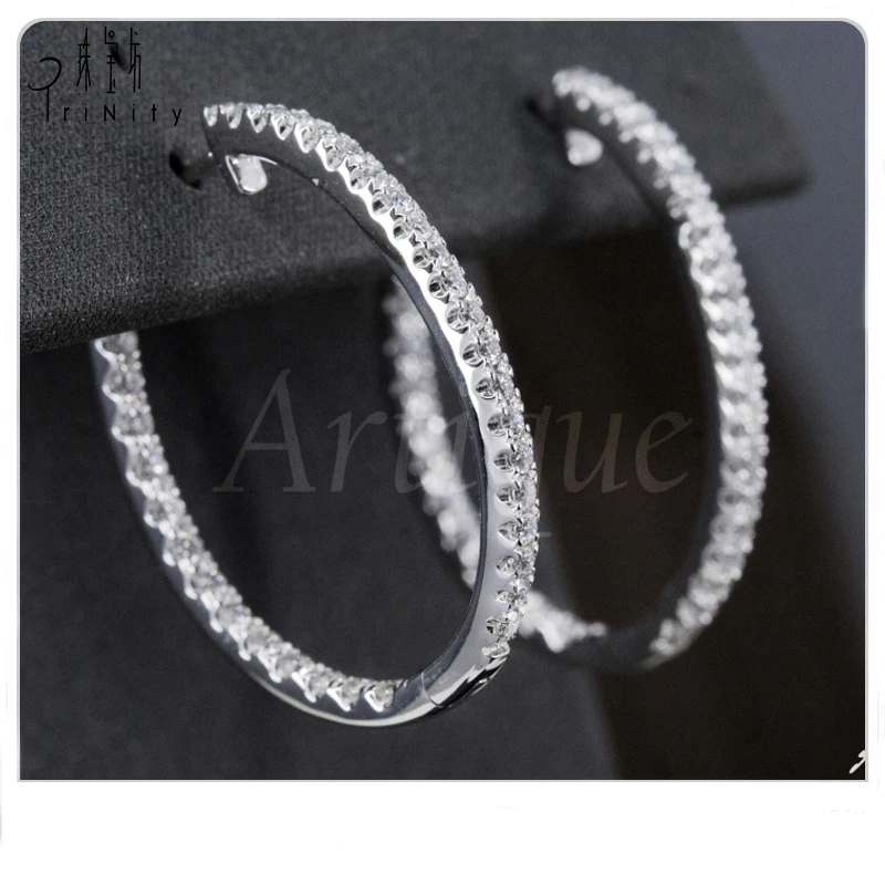 

New Style Jewelry 18k Solid Gold Big Loop Hoop Earrings With Diamond Simple White Gold Large Pave Hoop Earrings