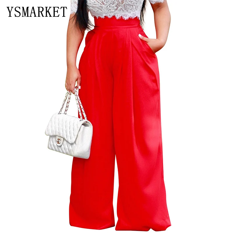 Women's High Waist Wide Leg Long Pants Office Lady Loose Stretch Yellow White Red Trousers with Pockets