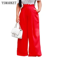 

Women's High Waist Wide Leg Long Pants Office Lady Loose Stretch Yellow White Red Trousers with Pockets