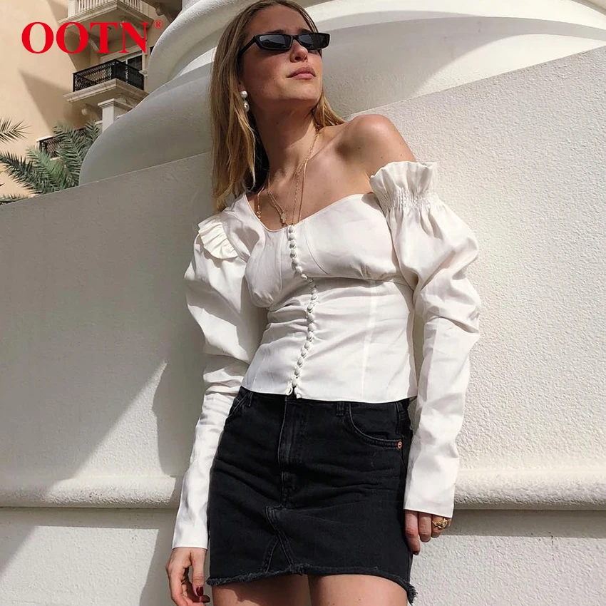 

OOTN Female Ruffle Autumn Tunic Blouse, Chemise One Shoulder Tops, Women Black Puff Sleeve Shirts Tops Asymmetrical White Blouse