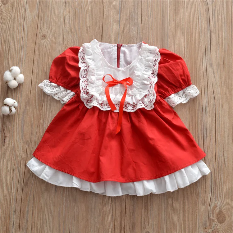 

Fashion Spanish Palace Style Kid Girls Dress Lace Children Girls One Pieces Dress, Red