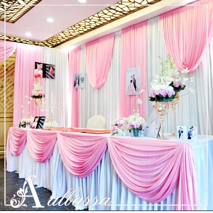 
Hotel events decoration table display cloth satin ruffled table skirt with swags 