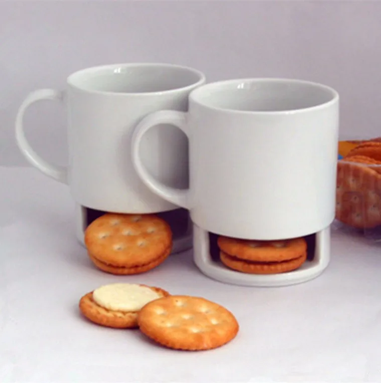Wholesale A Grade Custom White Coffee Ceramic Mug With Biscuit Holder