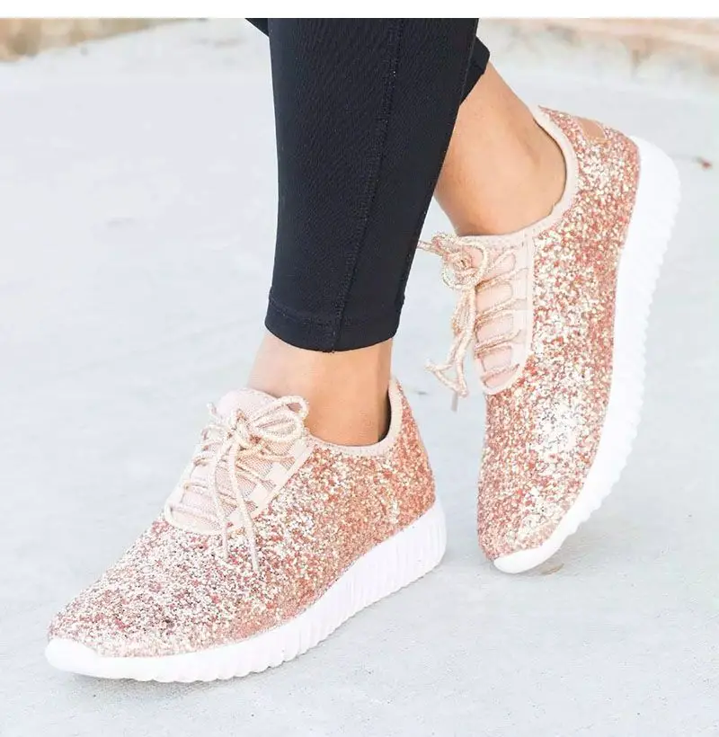 

Women Sequin Glitter Sneakers Tennis Lightweight Comfort Walking Athletic Shoes, Champagne gold, white, black, silver, gold