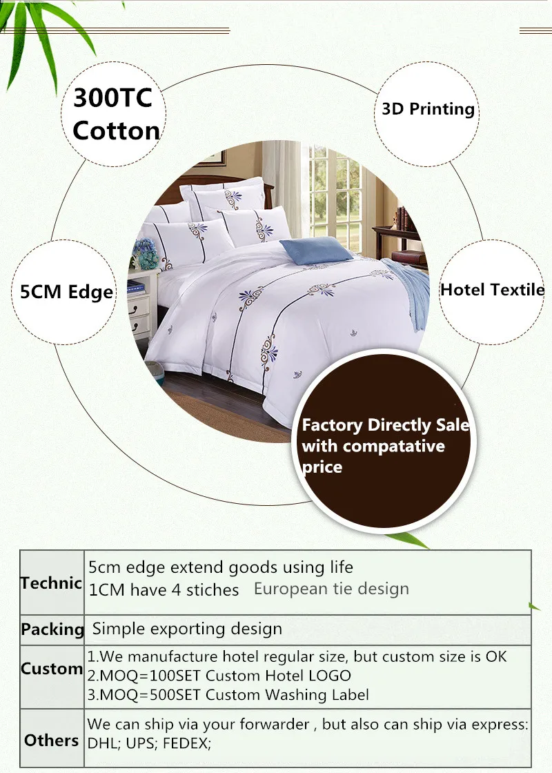 Luxury Cotton 300tc Hotel Home Goods White Custom Logo Bedding Set