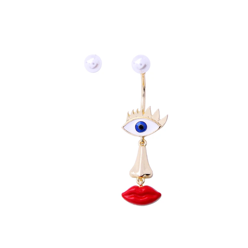 

ed00486c Enamel Red Lip Dangle Eye Pendant Earring, Asymmetric Pearl Stud Earring Fashion Costume Jewelry