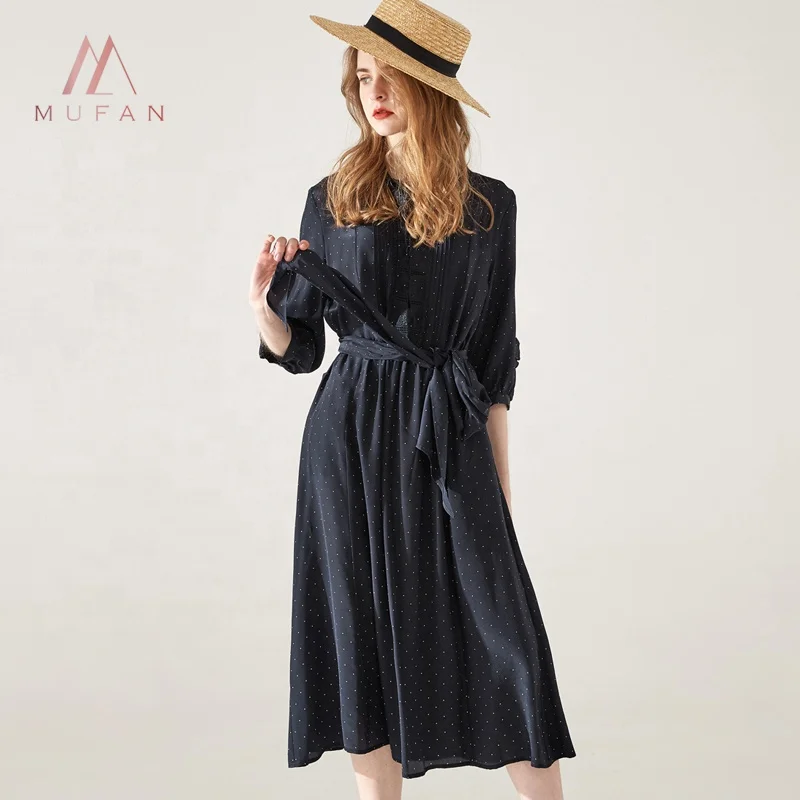 

MuFan wholesale ladies navy color 100% silk dress with white dot printing