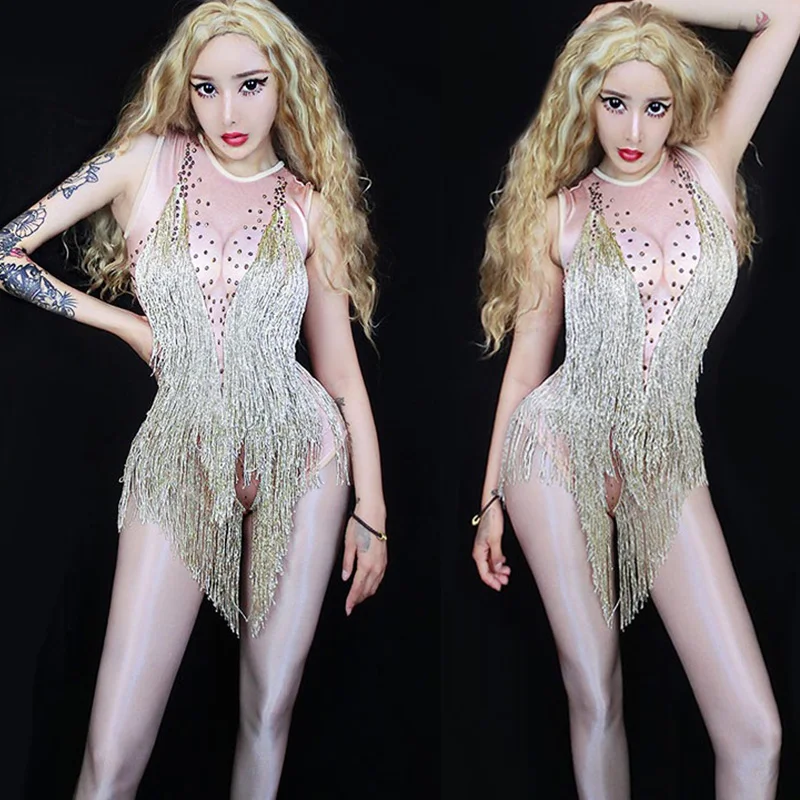 

Sparkly Gold Tassel Bodysuit Rhinestones Outfit Glisten Beads Costume Jumpsuit Dance Wear Singer Stage Leotard Clothes DNV10685, As picture