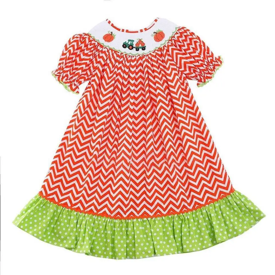 

Wholesale Baby Girls Dress Clothes Short Sleeve Pumpkin Smock Girls Halloween Dress