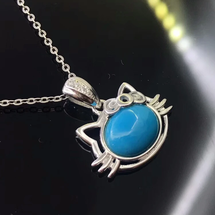 

gemstone jewelry wholesale new fashion kitty shape 925 silver green natural stone turquoise crystal pendant necklace for gril
