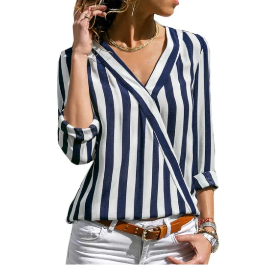 

Women Striped Blouse Shirt Long Sleeve Blouse V-neck Shirts Casual Tops Blouse et Chemisier Femme Blusas Mujer de Moda 2019
