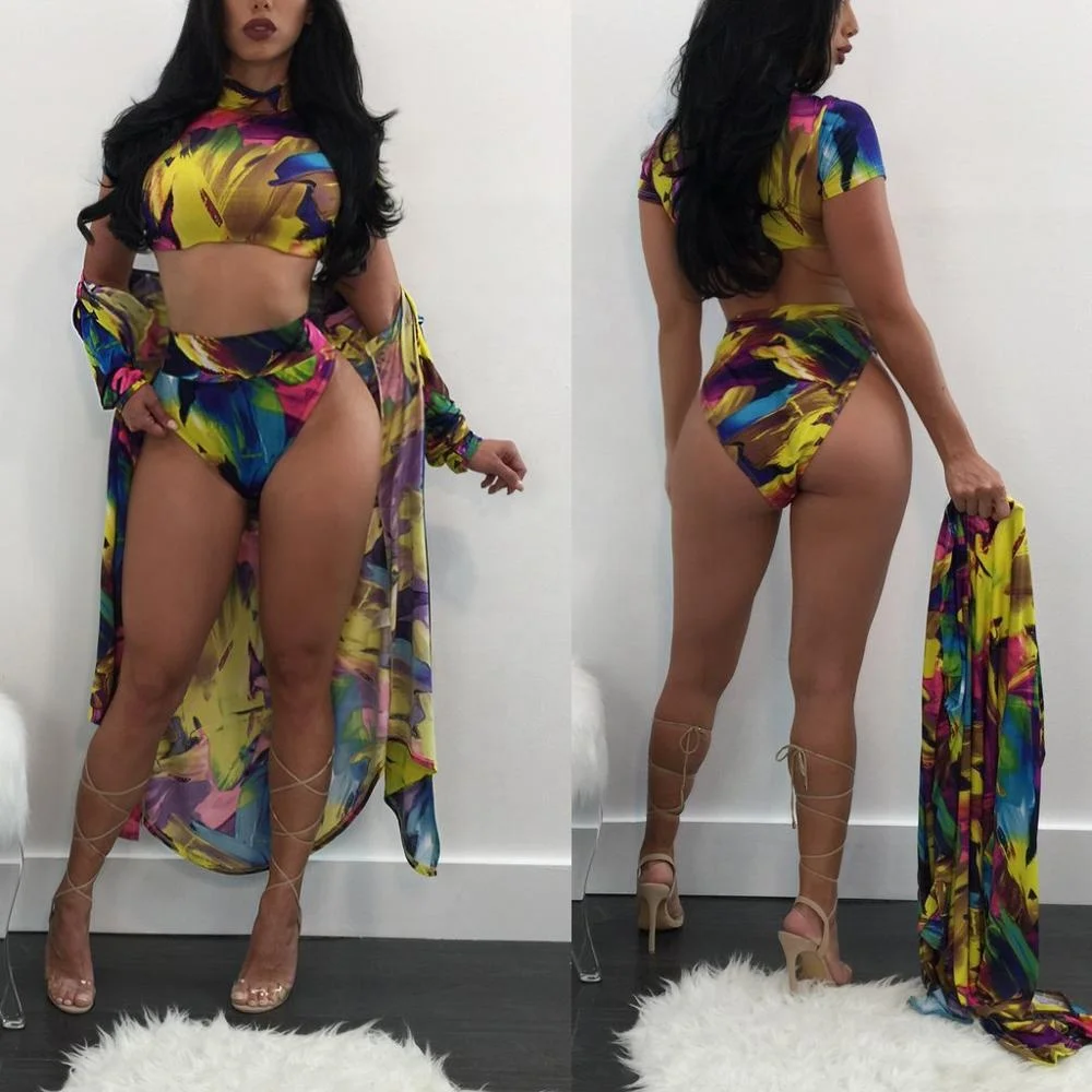 

New Modern Print Sexy One Piece Bikini and Long Sleeved Kaftan Cloak Cover Up Set 2019, Bikini cover up set