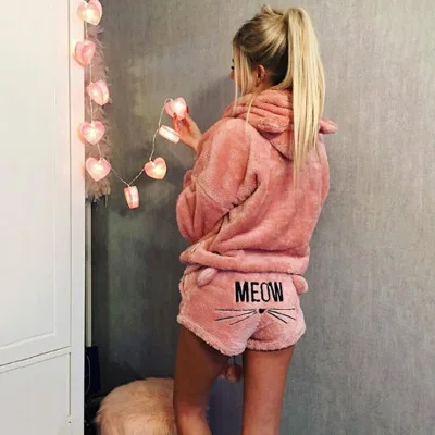 

2018 New Autumn Winter Women's Two Piece Set Pajamas Warm Sleepwear Cute Cat Pattern Hoodies Shorts Out Fit S-5XL, Shown