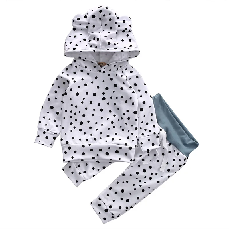 

2020 Spring And Autumn Baby Children's Polka Dot White Sweater With Hood And Pants Two-piece Set