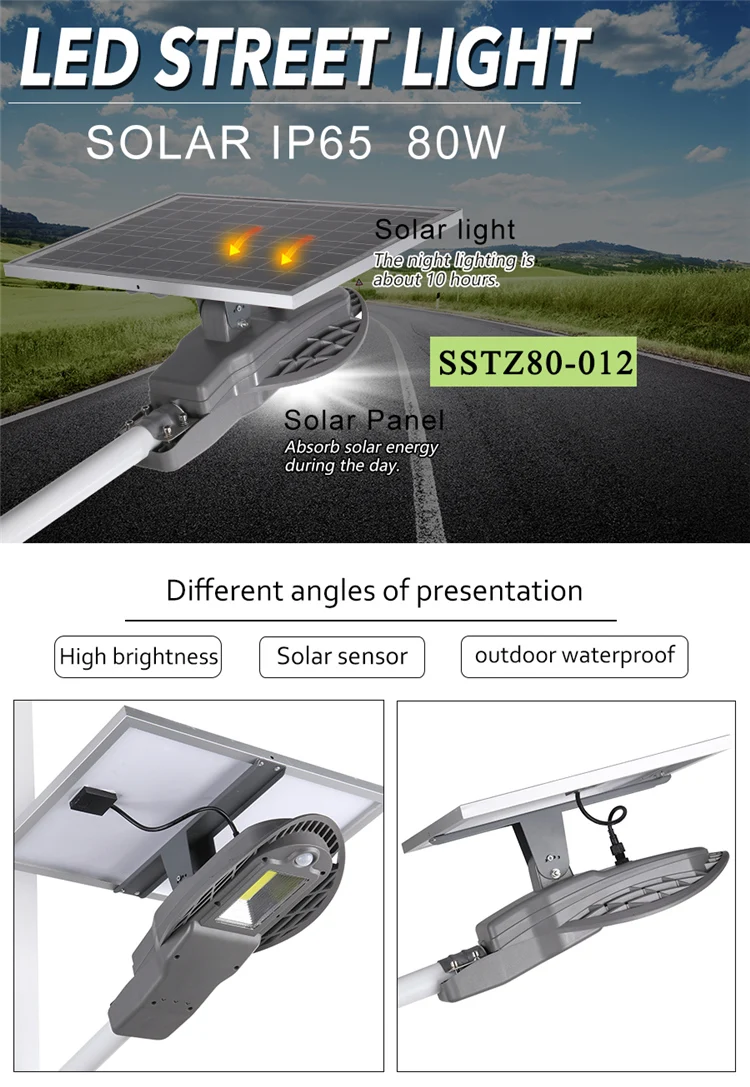 High brightness abs ip65 40w 60w 80w 12v dc led solar street lights