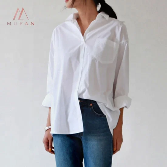 Women Casual Loose Shirts Turn Down Collar Long Sleeve Buttons White Oversize Tops Blouse Shirt