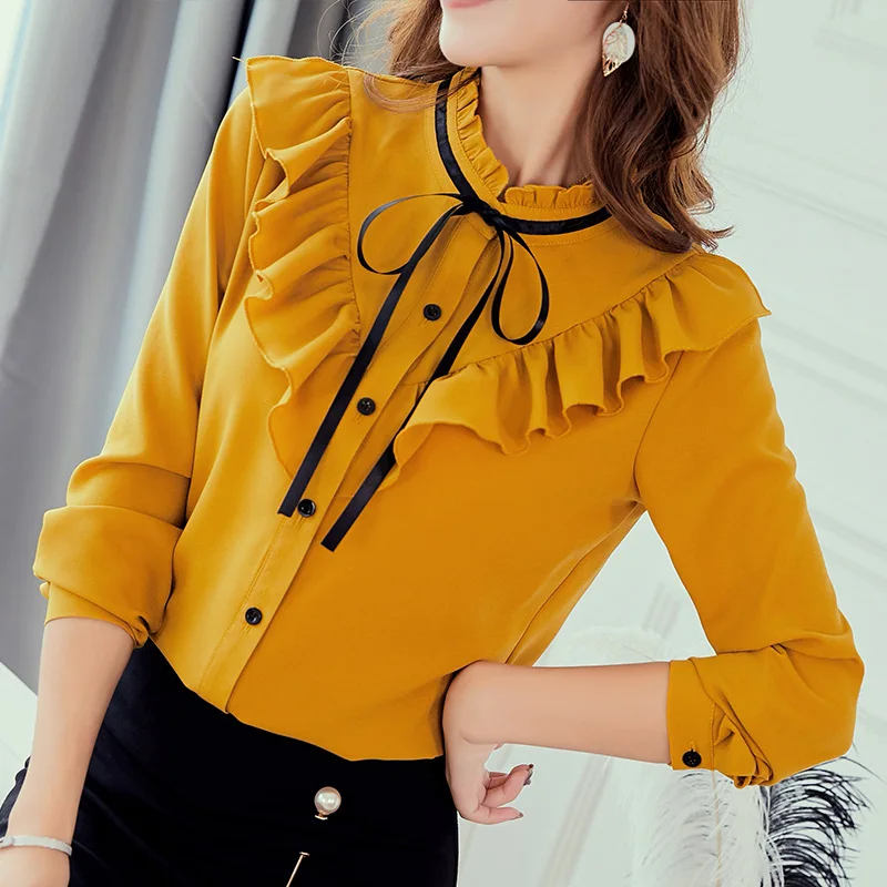 

Women Long Sleeve Fashion Streetwear Slim Fit Shirt Chiffon Elegant Ruffles Blouse, White, navy blue, ginger