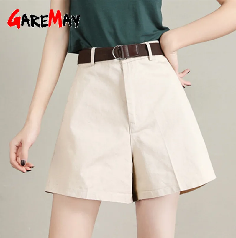 

Women's Cotton Shorts With Belt Vintage Korean Ladies White High Waisted Denim shorts For Women Causal Loose Short Pants
