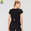 V-type mesh back sport wear top open fork hem athletic woman shirt
