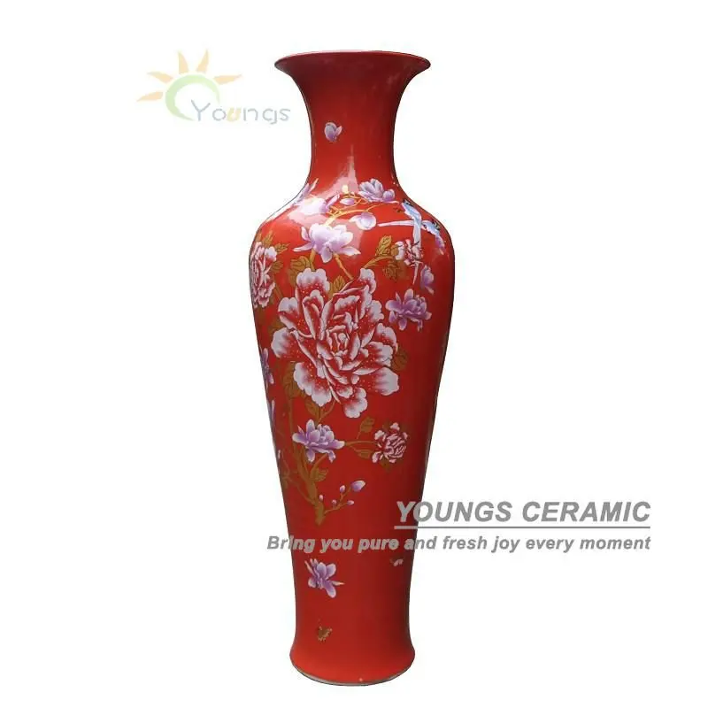 Large Red Porcelain Yulan Magnolia Floor Vase For Indoor Home