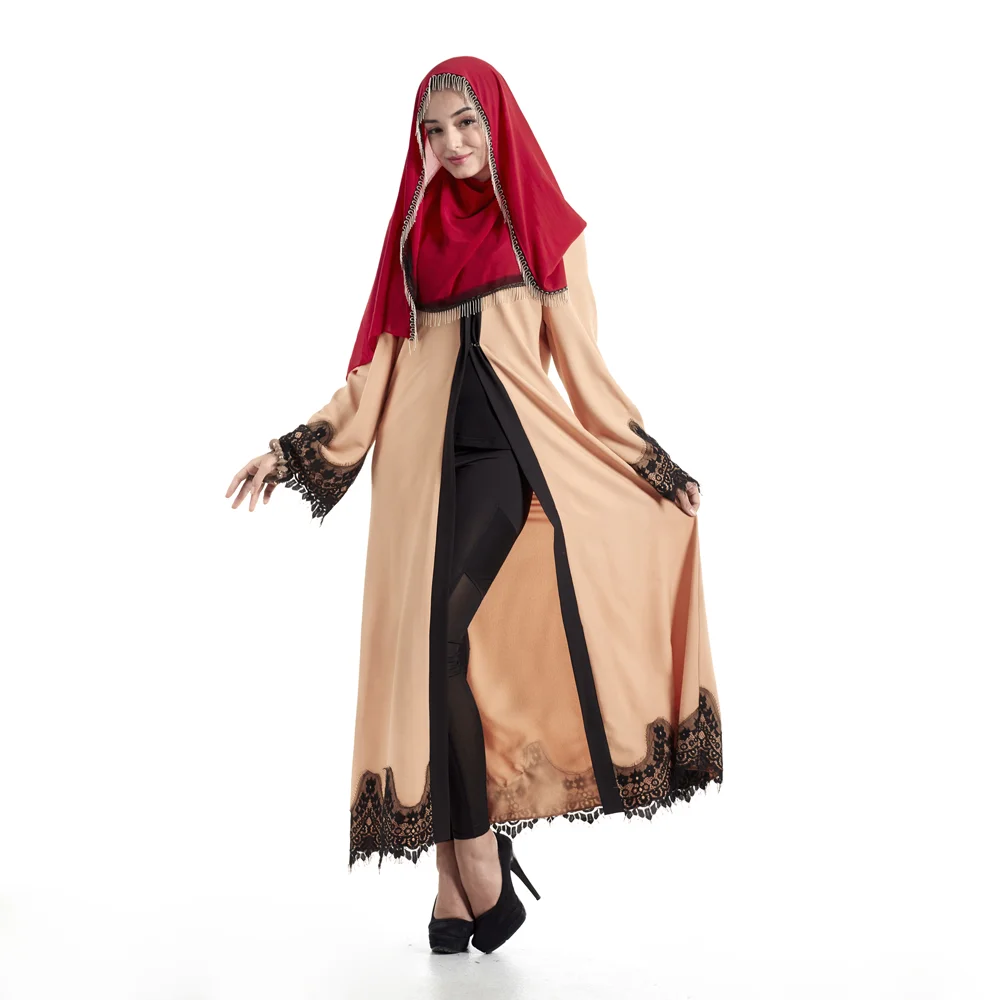 

Zakiyyah E006 China Wholesale Garment Market Open Abaya Retro Dress with Black Lace, Brown