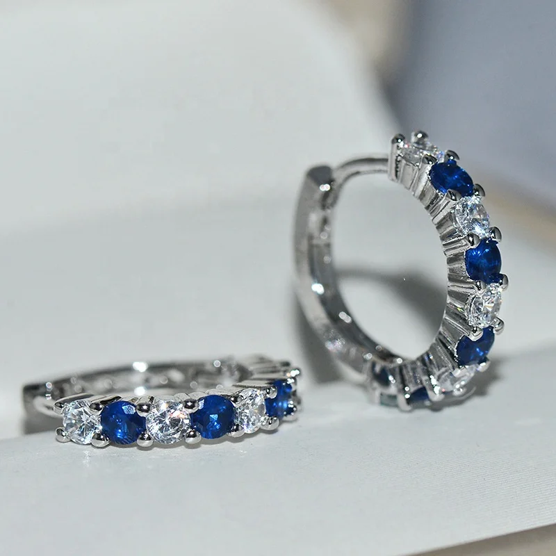 

Small Round Zircon White Blue Stone Hoop Earrings for Women Filled Crystal Earring Female Wedding Jewelry