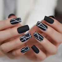 

Matt Black Fake Nails Visible Trails of Planets Faux Ongle Square Press On Finger Manicure with Adhesive Tabs L5168