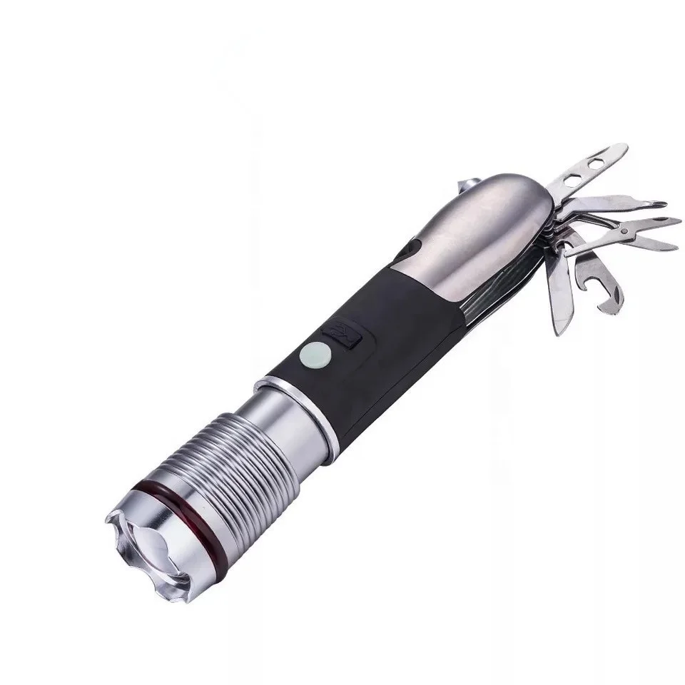 New multipurpose tools survival gear flashlight torch usb rechargeable 6 in 1 zoom window break hammer torch light led 18650