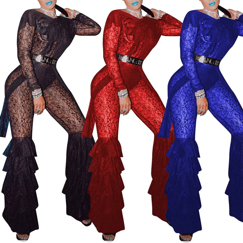 

81228-MX35 sexy backless club wear lace women jumpsuit ruffles designs