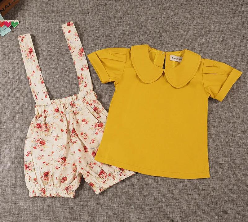 

Girls Clothes Baby Girl Summer Clothing Sets 2pcs Peter Pan Collar Top+Bib Pants Outfits Toddler Girl Casual Clothes, As picture