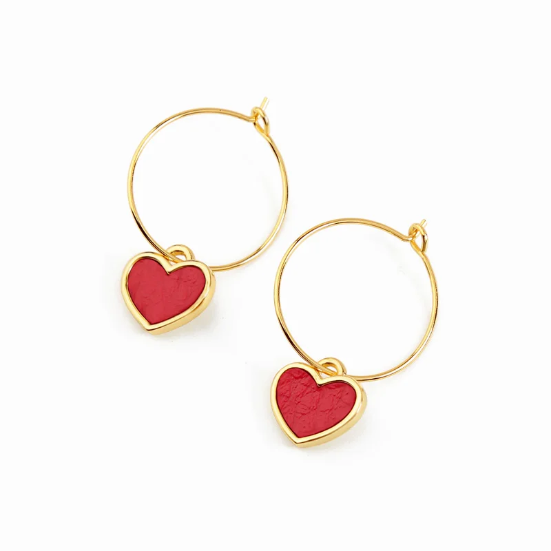 

me0027 Red Leather Heart Big Hoop Earrings Gold Plated