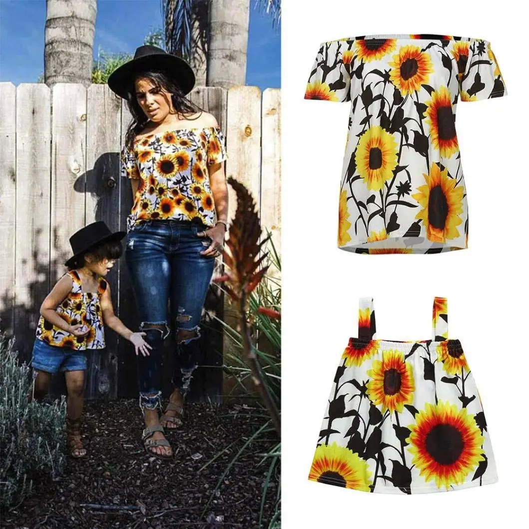 Mother Daughter Matching Sunflower Print Off Shoulder T Shirt Top Mommy and Me Family Matching Shirts Clothes